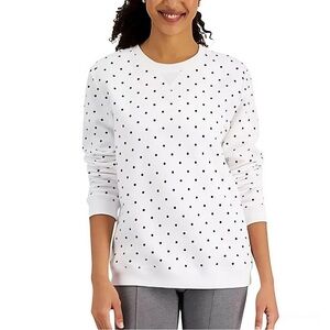 KAREN SCOTT White Polka Dot Crew Neck Fleece Lined Sweatshirt XS